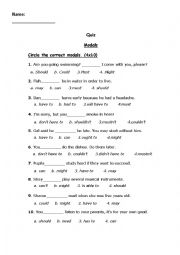 English Worksheet: Modals - Quiz - can / could / should / must / would / may/ might