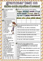 English Worksheet: Grammar test on relatives-modals-prepositions of movement