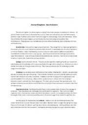 English Worksheet: Invertebrates Reading Comprehension and Cloze Activity