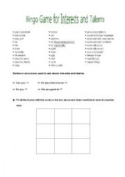 English Worksheet: Bingo Game for Interests and Talents