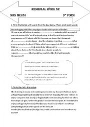 English Worksheet: Remedial work for 9th form mid termTest2