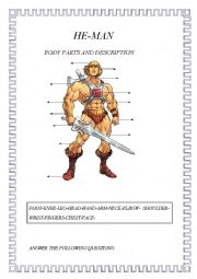 English Worksheet: HE-MAN, BODY PARTS, QUESTIONS AND DESCRIPTIONS.