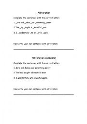 English Worksheet: alliteration