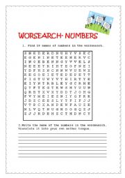 English Worksheet: Numbers- wordsearch (with key) 