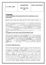 English Worksheet: remedial work for 1st year formers (mid - term test 2)