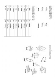 English Worksheet: Weather, numbers and colours