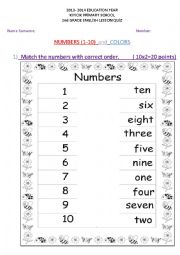 English Worksheet: Numbers 1-10 and Colors  Quiz Worksheet