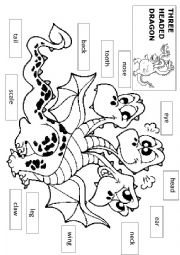 English Worksheet: THREE HEADED DRAGON - parts of body