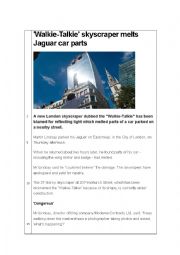 English Worksheet: Walkie-Talkie skyscraper melts Jaguar car parts