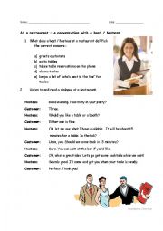 English Worksheet: At a restaurant - a dialog with a host/ hostess