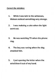 English Worksheet: Correct the mistakes, Past Continuous Tense 