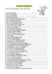 English Worksheet: Question Formation - 40sentences - A2/B1