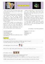 English Worksheet: Tarot Game History (text and questions), cards, vocabulary, explanations, future tense PART 1