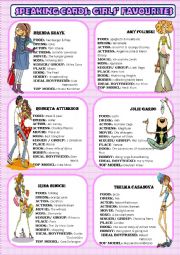 English Worksheet: SPEAKING CARDS - GIRLS FAVOURITES