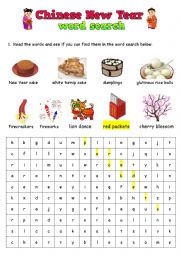 English Worksheet: Chinese New Year word search