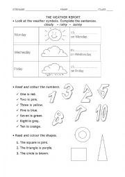 English Worksheet: COLOUR AND NUMBERS AND WEATHER