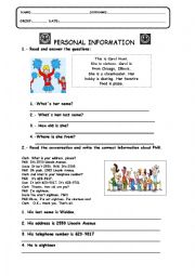 English Worksheet: PERSONAL INFORMATION