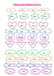 English Worksheet: Which word is different? Color it.