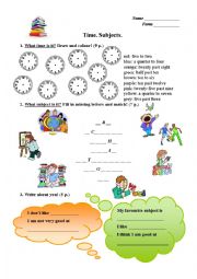 English Worksheet: Test about time and school subjects