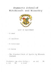 English Worksheet: Hogwarts LIST OF EQUIPMENT