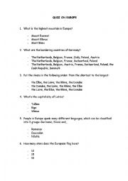 English Worksheet: QUIZ ON EUROPE