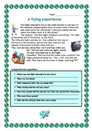 English Worksheet: A flying experience; reading comprehension and grammar exercises