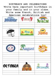 English Worksheet: Birthdays and celebrations chart