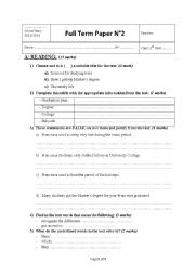 English Worksheet: end of term test n=2 for 2nd form pupils
