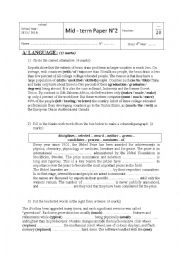 English Worksheet: Mid - term test 2 for bac sciences