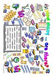 English Worksheet: How many ... are there?: Classroom Supplies