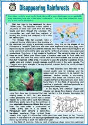 English Worksheet: DISAPPEARING RAINFOREST.  Reading + varied comprehension ex + Key and teachers extras