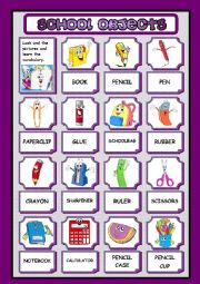 English Worksheet: SCHOOL OBJECTS - PICTIONARY