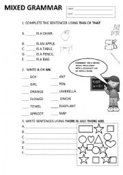 English Worksheet: THERE IS AND THERE ARE, SHAPES,  A OR AN, TO BE. 