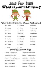 English Worksheet: What is your ELF name? (just for fun)