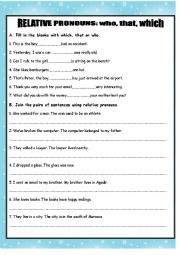 English Worksheet: relative pronouns who that which