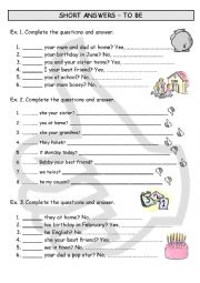 English Worksheet: VERB TO BE  -  SHORT ANSWERS