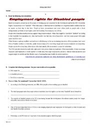 English Worksheet: Test 9th Form-Employment Rights for Disabled