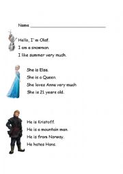 English Worksheet: Frozen Character profiles