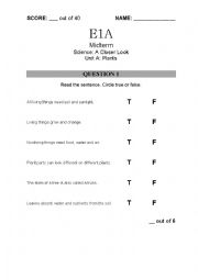 English Worksheet: Midterm Exam for Science A Closer Look Unit A Plants