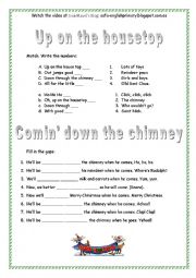 English Worksheet: UP ON THE HOUSETOP-COMING DOWN THE CHIMNEY. Match-Christmas Gaps Fill. Young Learners.