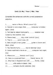 English Worksheet: Grammar Cue 1, Unit 12: My/Your/His/Her (Possessive Adjectives) Sentence Completion