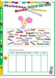 English Worksheet: Hobbies, body, days of the week, months and weather