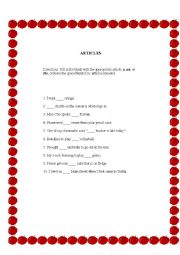 English Worksheet: ARTICLES, A, AN AND THE