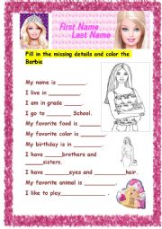English Worksheet: Barbie first name last name