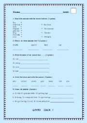 English Worksheet:    ANIMALS   TEST    2