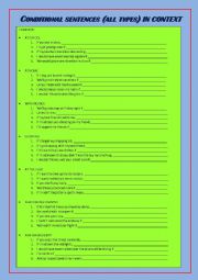 English Worksheet: Conditional sentences (all types) in different contexts