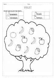 English Worksheet: COUNT AND COLOR THE FRUIT
