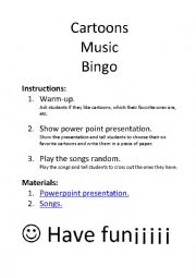 English Worksheet: Cartoons music bingo