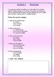 English Worksheet: ANIMALS   READING