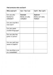 English Worksheet: Fınd someone who can/cant actıvıty